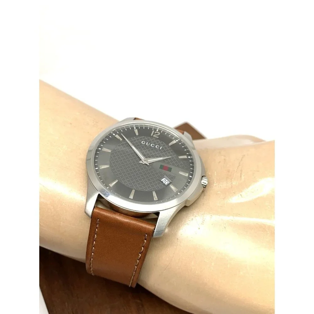 Gucci Men's Watch YA126302 G-Timeless Swiss Quartz Gray Dial Brown Leather 40mm